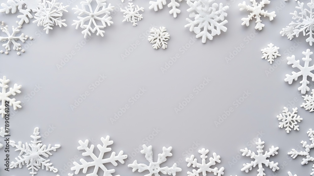 Poster christmas composition christmas frame made of snowflakes on pastel gray background winter concept fl