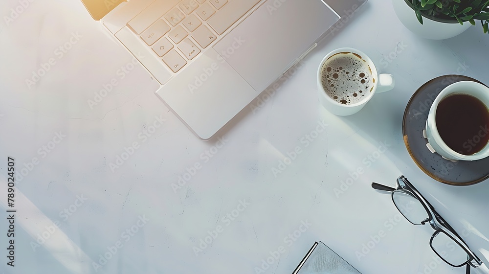 Aufkleber White office desk table with laptop computer cup of coffee and office supplies Top view with copy space flat lay : Generative AI