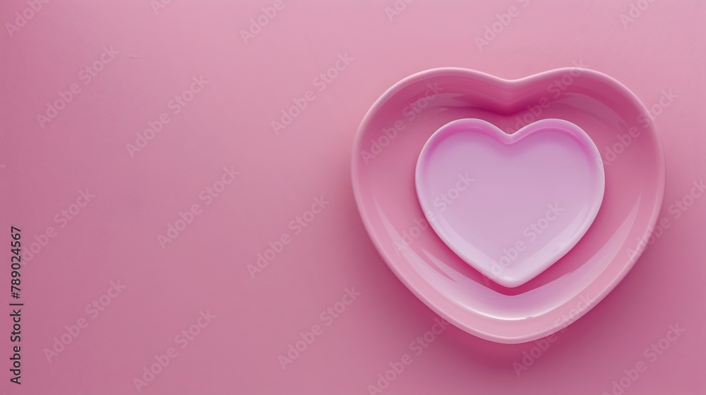 Aufkleber Empty pink heart shaped plate on pink background table Flat lay top view copy space : Generative AI