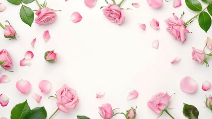 Obraz premium frame with pink roses branches leaves and petals isolated on white background flat lay overhead view : Generative AI