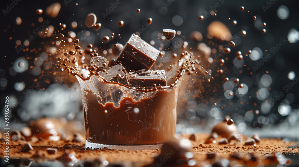 Wall mural A glass of chocolate milk with chocolate chips and powder on the table