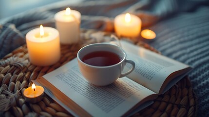 Cup of black tea stay on open paper book with scented candles on rattan table in living room top view Selective focus Good morning : Generative AI