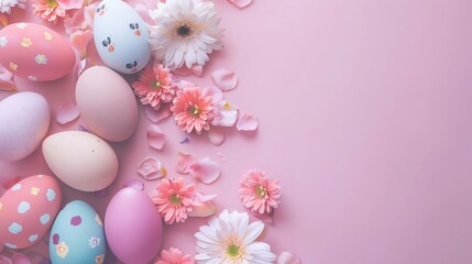 Fototapeta na wymiar Happy easter Colourful of Easter eggs in with flower on pastel background Greetings and presents for Easter Day celebrate time Flat lay top view : Generative AI