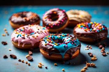 A delectable selection of frosted donuts with sprinkles, nuts, and chocolate shavings on a blue backdrop - obrazy, fototapety, plakaty