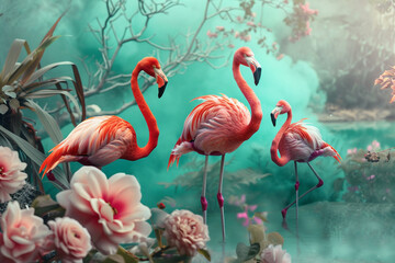 Pink flamingos in a delicate garden in a turquoise mist. Mural and Wallpapers for interior printing