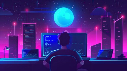 Business professional engaged in software development and cybersecurity programming at night – Detailed view of laptop screen with html code for system analysis and data research