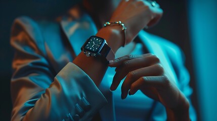 Young business woman is late on time in a hurry she checks the deadline on her smart watch High quality photo Hands closeup business and technology concept close up copy space : Generative AI