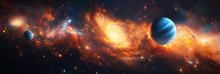 fantastic panorama of outer space with stars, galaxies, planets and a black hole in universe - obrazy, fototapety, plakaty