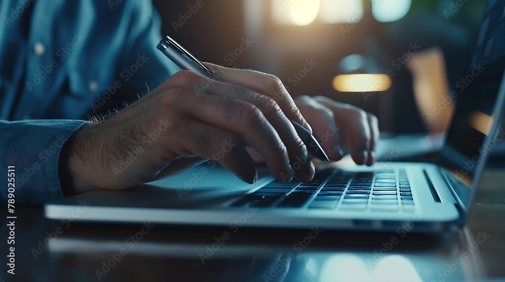 Poster Casual business man with pen in hand busy working on laptop computer typing on keyboard with notebook mobile smart phone on desk in modern office close up dark tone : Generative AI