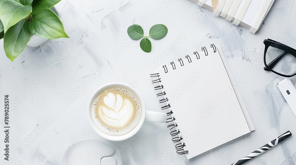 Poster Styled stock photography white office desk table with blank notebook computer supplies and coffee cup Top view with copy space Flat lay : Generative AI