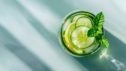 Health care fitness healthy nutrition diet concept Fresh cool lemon cucumber mint infused water cocktail detox drink lemonade in a glass jar Light copy space top view flat lay backgrou : Generative AI