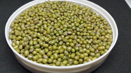 Close-up of whole green moong dal (green gram)