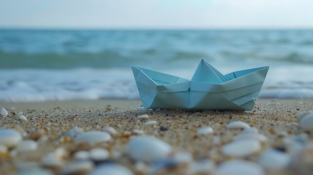 Origami paper in the shape of a boat that is stranded on the beach