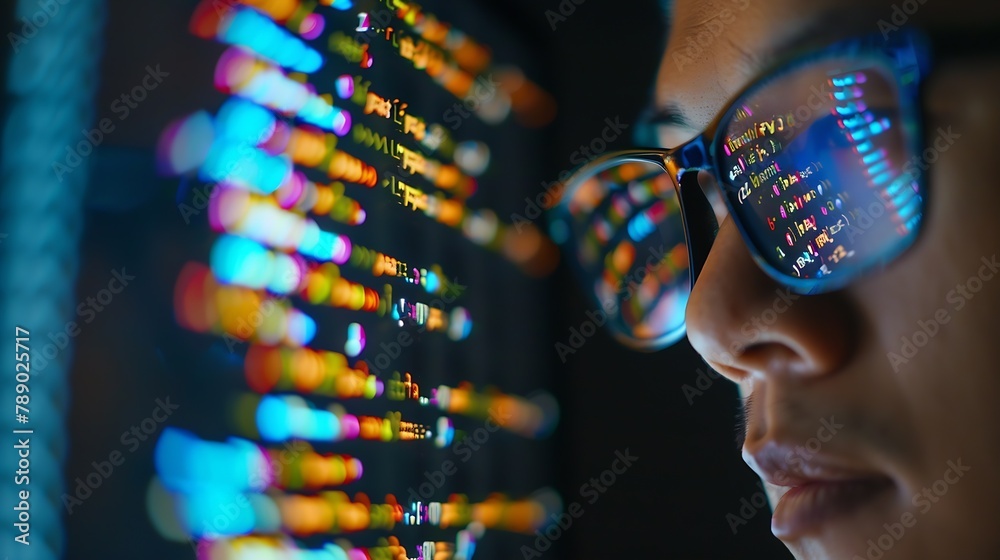 Leinwandbilder Closeup Portrait of Software Engineer Working on Computer Line of Code Reflecting in Glasses Developer Working on Innovative eCommerce Application using Machine Learning AI Algorithm B : Generative AI