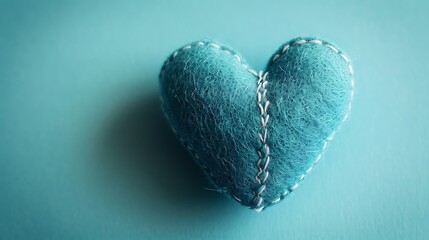 one teal blue felt stitched toy heart on colored background