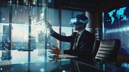 A futuristic businessman wearing augmented reality glasses gestures at a holographic display in a boardroom - 789025746