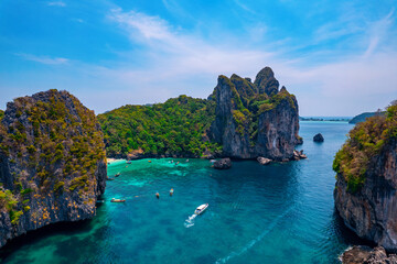 Phi Phi Don island, Nui beach. Thailand Aerial view paradise turquoise lagoon with white coral sand...