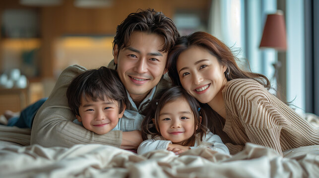 Happy Asian family laying on bed smile, top view --no dark picture logo --chaos 15 --ar 16:9 --style raw --stylize 900 Job ID: 993114e3-4262-4e29-a403-4759352e9740