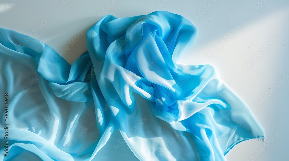 Poster top view with blue kitchen napkin isolated on table background folded cloth for mockup with copy spa