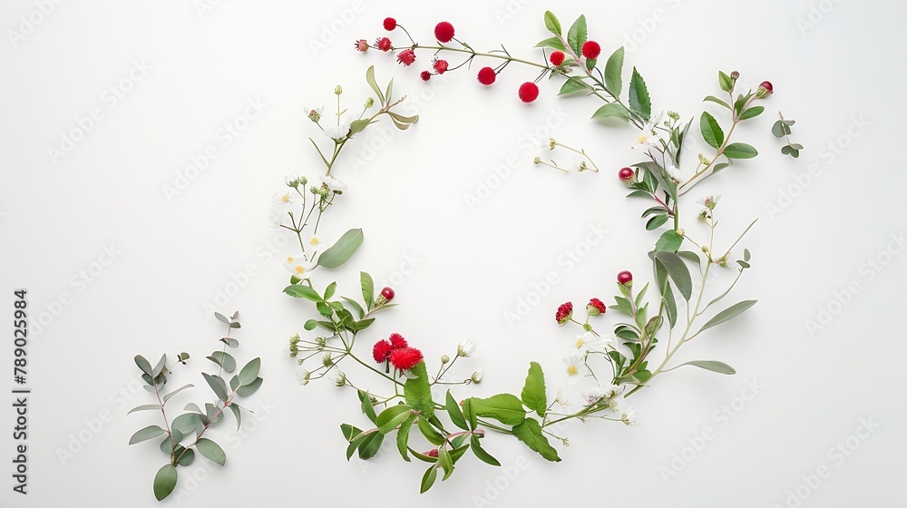 Poster frame wreath with red and white wildflowers green leaves branches on white background flat lay top v