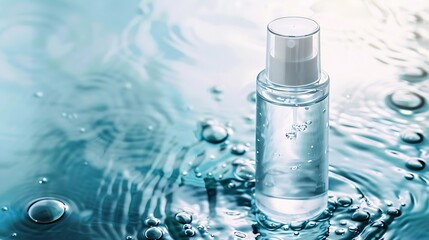 Cosmetic spa medical skin care bottle for serum micellar toner and emulsion on water texture background with splashes Flat lay copy space : Generative AI