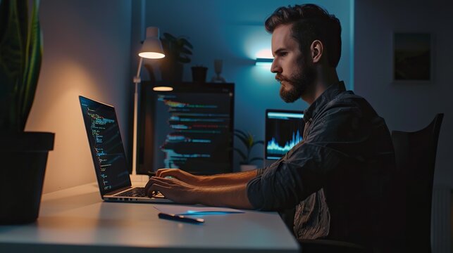 Focused software developer engaged in code creation on laptop at minimalist white workstation in modern office setting