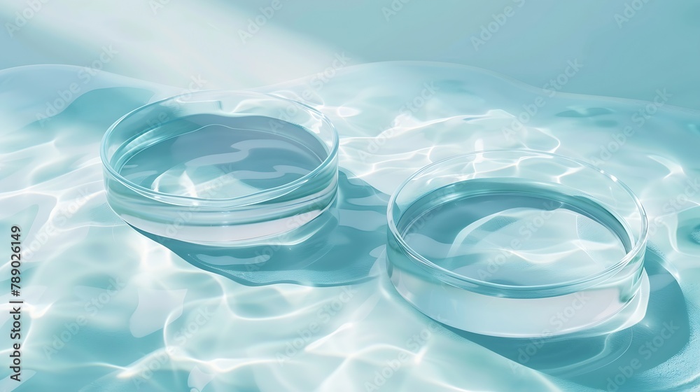 Poster two empty clear glass circle podiums on light blue transparent calm water texture with waves in sunl