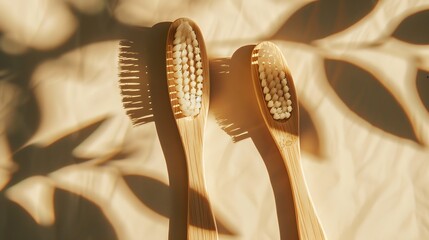 Two natural wooden toothbrushes on natural beige background with leaves shadows flat lay top view Concept of zero waste and natural dental care Copy space : Generative AI