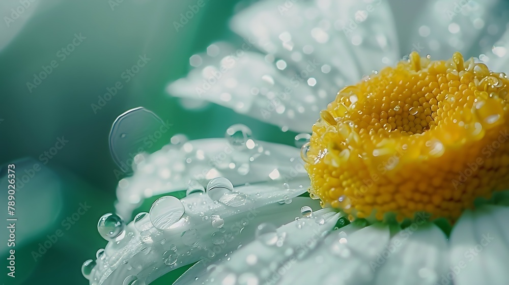 Poster chamomile or camomile flower with drops of water on the white petals after rain on the green backgro