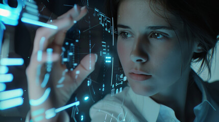 a businesswoman using a holographic interface to interact with data - 789026302