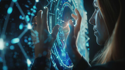 a businesswoman using a holographic interface to interact with data - 789026327