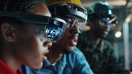 A close-up of a group of engineers using augmented reality glasses to collaborate on a design project