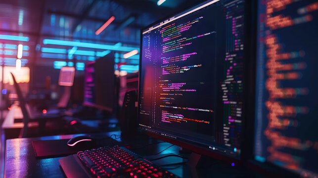 Dedicated programmer engaged in late-night coding session on laptop with mockup screen for network security and software development at office workspace