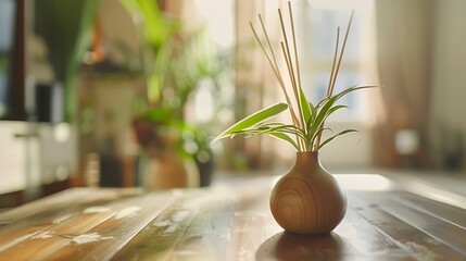 close up of reed diffuser and house plant on wooden table in living room or home office :...