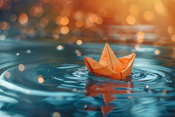 Origami paper boat sailing on water causing waves and ripples . - Powered by Adobe