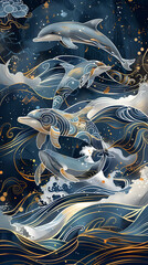 Elegant golden dolphins leap and swim among blue waves and geometric designs, conveying oceanic walpaper