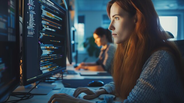 Focused programmer developing innovative software, diligent businesswoman engaged in corporate strategies on her computer in a modern office setting