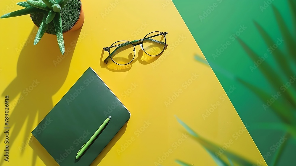 Aufkleber flat lay design of work desk with notebook eye glasses and cactus on green and yellow background : g