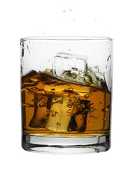 Whiskey with ice cubes in glass isolated on white
