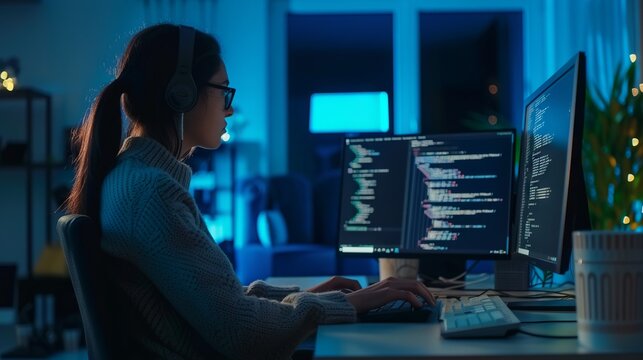 Focused programmer developing innovative software, diligent businesswoman engaged in corporate strategies on her computer in a modern office setting
