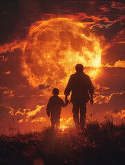 Fathers day theme with silhouette of father walking with his child on the meadow against giant full moon