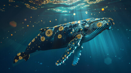 A mysterious sperm whale swimming in the depths of the ocean, its bioluminescence illuminating a field of Bitcoins - 789027358