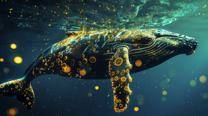 A mysterious sperm whale swimming in the depths of the ocean, its bioluminescence illuminating a field of Bitcoins - 789027365