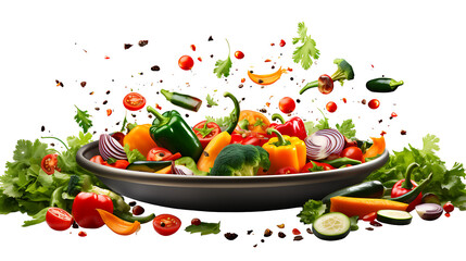 Fruit and vegetable elements flying in the air, green vegetables with red peppers and tomatoes inside a black bowl on a white background - Powered by Adobe