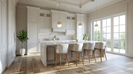 3D rendering of a luxury classic kitchen with an island and bar chairs in a beige colored interior design, white cabinets, wooden floor