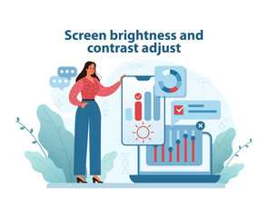 Optimal Screen Settings Illustration. A woman adjusts a display's brightness and contrast.
