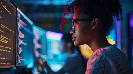 Focused female developer engaged in software programming on desktop in modern office setting