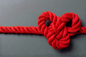 Red colored rope with a heart shaped knot - obrazy, fototapety, plakaty