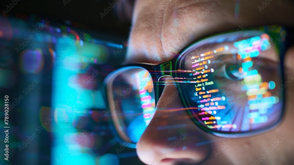 Poster Closeup Portrait of Software Engineer Working on Computer Line of Code Reflecting in Glasses Developer Working on Innovative eCommerce Application using Machine Learning AI Algorithm B : Generative AI