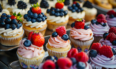 Selection of Decorated Cupcakes with Fresh Berries, Generative AI